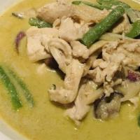 Green Curry · With eggplant, bamboo shoot, long bean, and bell pepper.
