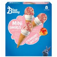 Strawberry Shortcake Mini Swirls · Strawberry frozen dairy dessert with a swirl of strawberry dipped in whipped cream coating a...