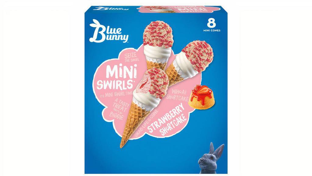 Strawberry Shortcake Mini Swirls · Strawberry frozen dairy dessert with a swirl of strawberry dipped in whipped cream coating and topped with cake pieces in a mini shortbread cone.