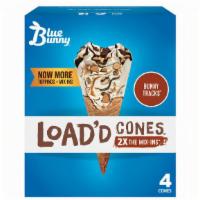 Bunny Tracks Load'D Cones · Vanilla frozen dairy dessert with fudge and caramel swirls, peanut butter filled bunnies top...