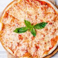 Margherita Pizza · Features a thin and crispy crust with marinara sauce, fresh tomatoes, fresh garlic, Buffalo ...