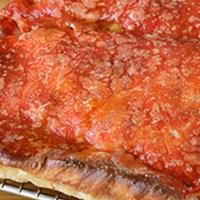 Upside Down Pie · Fresh Mozzarella Cheese Under our Sweet Sauce on a Sicilian Crust