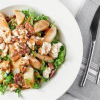 Pear Salad · Roasted pear with baby arugula, fig goat cheese and pecans with balsamic vinaigrette