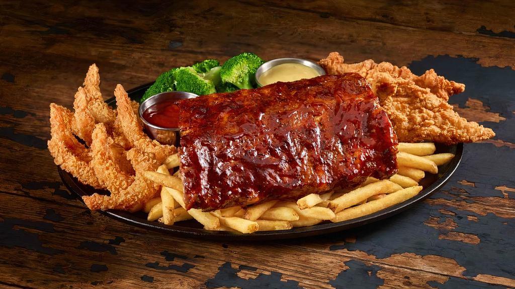 Triple Play  · Crispy shrimp, hand-breaded buttermilk chicken tenders, and a half-rack of our barbecue ribs make the ultimate feast. Served with two sides.
