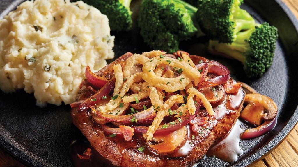 8 Oz. Smothered Bbq Sirloin* · Caramelized onions, Baby 'Bellas, bacon, and smoky BBQ au jus. Served with mashed potatoes and broccoli
