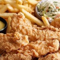 Crispy Chicken Tenders · Dipped in buttermilk batter and fried to a crisp golden brown. Served with two sides and hon...