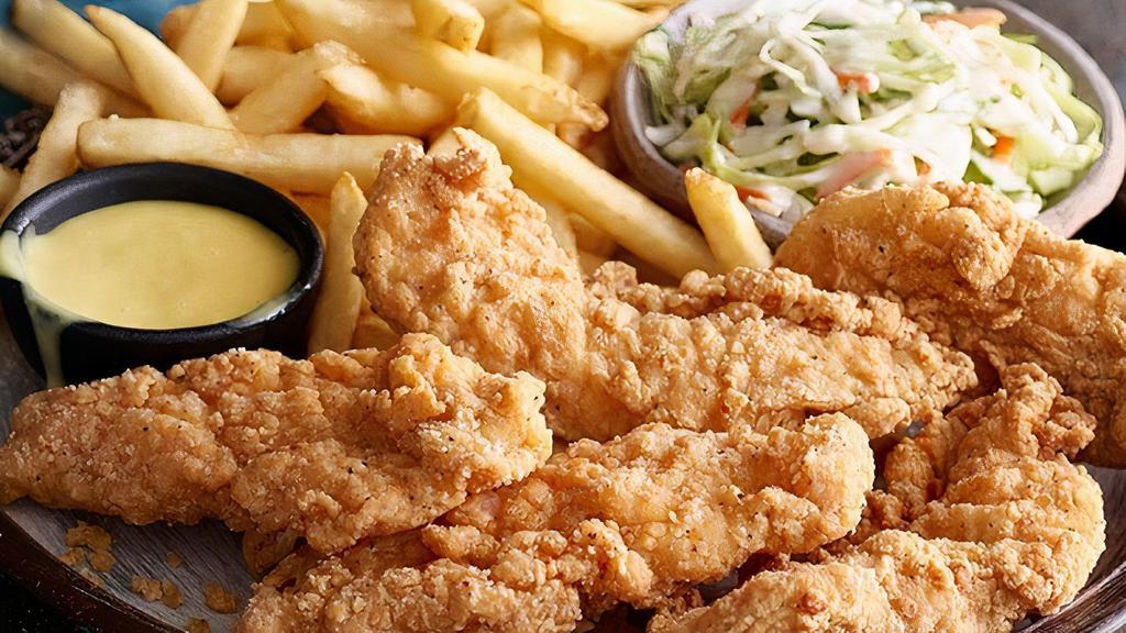 Crispy Chicken Tenders · Dipped in buttermilk batter and fried to a crisp golden brown. Served with two sides and honey mustard.