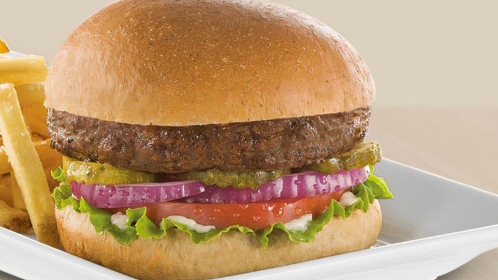 Burger Family Dinner · Four 100% USDA Choice burgers plus the following toppings: shredded lettuce, sliced tomatoes, American cheese, red onions, mustard, ketchup, mayonnaise, and pickles. Served with one side and 4 cookies.