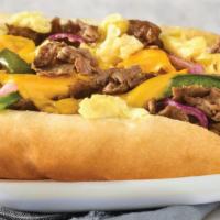 Breakfast Cheesesteak · Steak Roll Scrambled Egg, Roasted Peppers, Grilled Onions & American Cheese