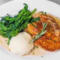 Chicken Under Brick With Broccoli Rabe, Mashed Potatoes · 