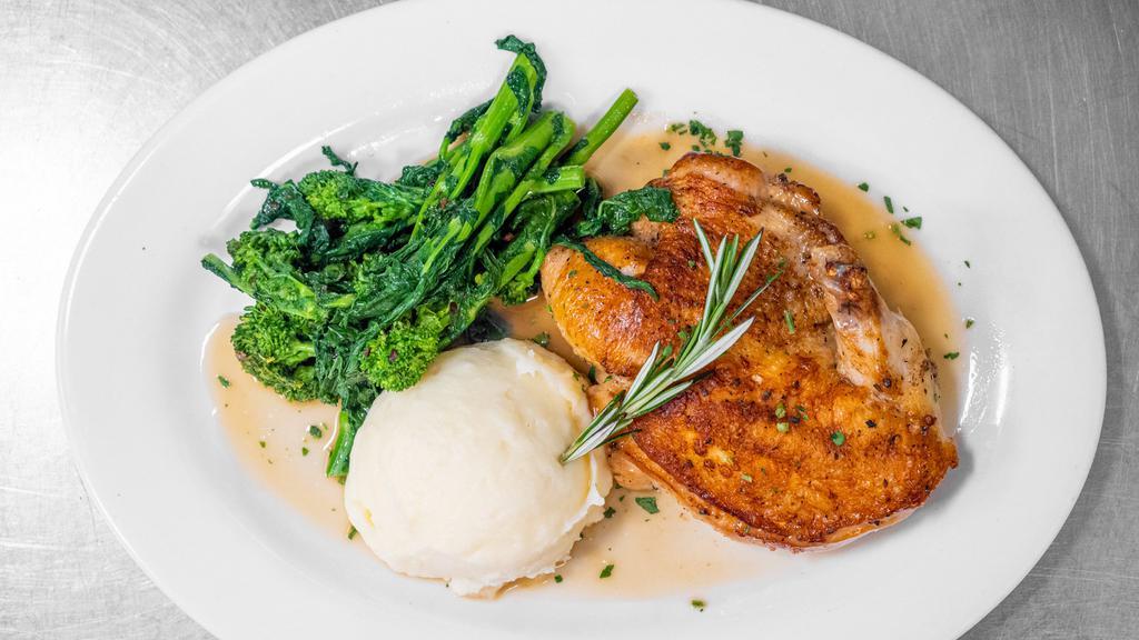 Chicken Under Brick With Broccoli Rabe, Mashed Potatoes · 