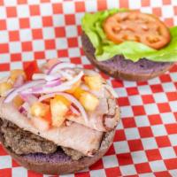 Hawaiian Brian Burger · Teriyaki burger with black forest ham, grilled pineapple salsa.