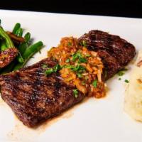 Skirt Steak · Angus Beef Steak, Chimichurri Sauce,
Mashed Potatoes, Mixed Vegetables.