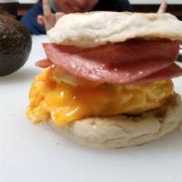 Pork Roll, Egg, & Cheese · Three eggs topped with cheddar and four slices of Taylor Pork Roll. Served on fresh baked ba...