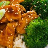 Teriyaki Chicken. · with steam broccoli, soup and rice