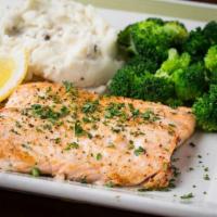  Seasoned Salmon · North Atlantic salmon filet lightly seasoned and roasted. Served with two sides..