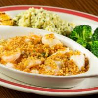 Seafood Trio · Tender shrimp, baked fish filet and North Atlantic sea scallops baked with seasoned cracker ...