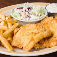 Fish & Chips · Hand-breaded fish filets battered and fried until crispy. Served with tartar sauce and two s...
