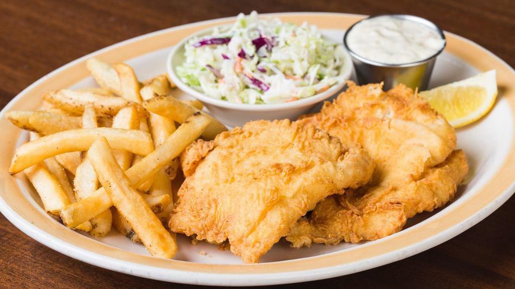 Fish & Chips · Hand-breaded fish filets battered and fried until crispy. Served with tartar sauce and two sides.