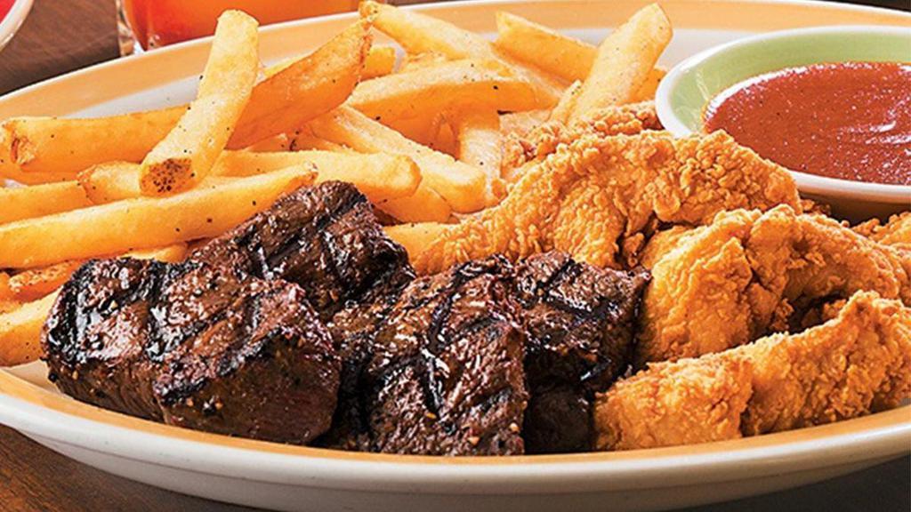 Sirloin Tips* & Chicken Tenders · Our signature Broiled Sirloin Tips paired with a handful of our Original Crispy Chicken Tenders. Served with one side and choice of dipping sauce.