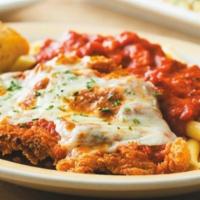 Chicken Parmigiana · A hand-breaded crispy chicken breast topped with classic tomato sauce and melted mozzarella ...