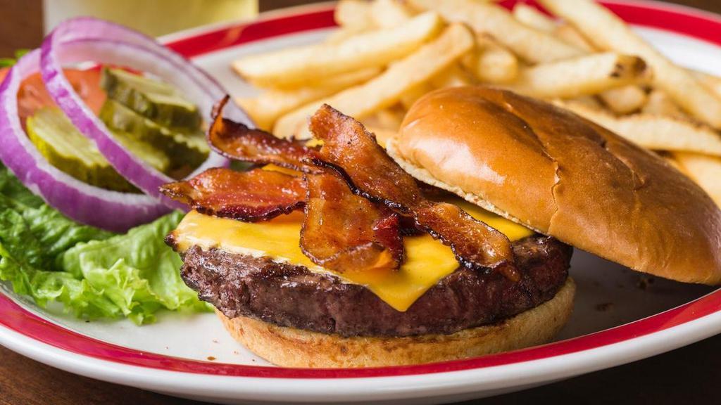 Bacon & Cheese Burger* · Melted American cheese and applewood smoked bacon makes everything better. Served with choice of one side.