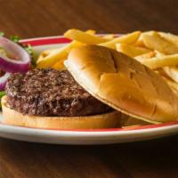 Plain Burger* · A juicy flame broiled burger cooked just they way you like it. Served with choice of one side.