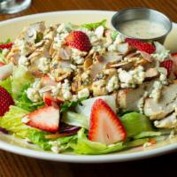 Strawberry Chicken Salad · Fresh mixed greens with grilled chicken, fresh, ripe strawberries, bleu cheese crumbles and ...
