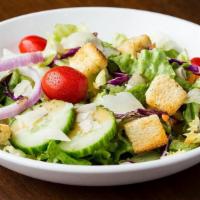 House Salad · Tomatoes, cucumbers, red onions, parmesan cheese and croutons.  Choose your dressing.
