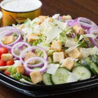 House Salad · Tomatoes, cucumbers, red onions, parmesan cheese and croutons. Choose your dressing.