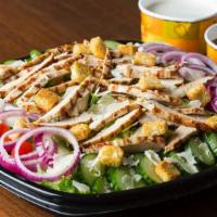 House Salad With Grilled Chicken · House Salad with tomatoes, cucumbers, red onions,  parmesan cheese and croutons, topped with...