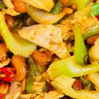 Pad Cashew · Sautéed cashew nuts, onion, bell pepper, scallion, celery in spicy chili sauce.