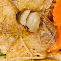 Ginger Fish · Tilapia, ginger, scallion, onion, Chinese celery in garlic ginger sauce.
