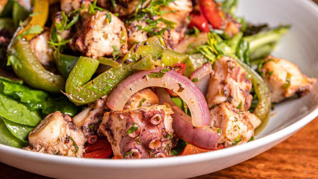 Grilled Octopus Salad · Mixed greens, sweet peppers, onion, olive oil, lemon, parsley