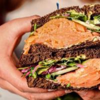 Smoked Salmon Club · Cucumber, lemon aioli, arugula, pickled red onion on dark rye