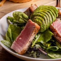 Seared Tuna Salad · Mixed greens, avocado, alfalfa sprouts, seaweed, sesame balsamic dressing