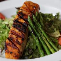 Grilled Wild Salmon Salad · Grilled wild salmon, mixed greens, tomatoes, asparagus, balsamic vinaigrette
