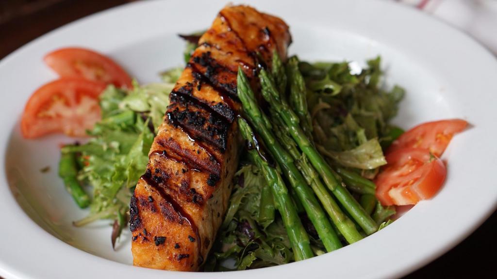 Grilled Wild Salmon Salad · Grilled wild salmon, mixed greens, tomatoes, asparagus, balsamic vinaigrette