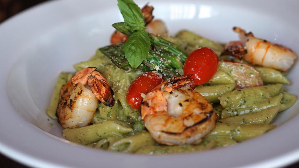 Pesto Pasta With Shrimp · Penne with shrimp, cherry tomatoes, asparagus, parmesan, pesto sauce