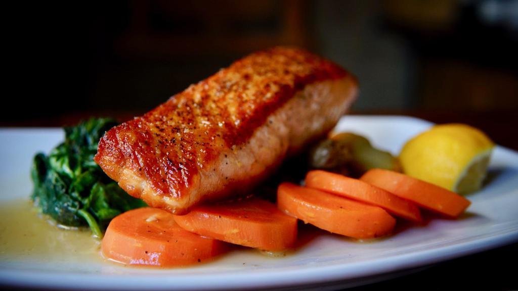 Pan Seared Salmon · Sautéed spinach, carrots,  fingerling potatoes