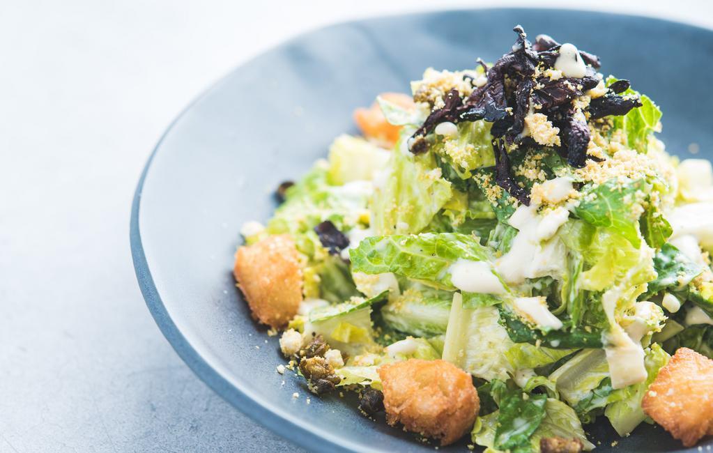 Caesar · Nut-free, soy-free. romaine, herbed croutons, shiitake bacon, toasted capers. available with kale for an additional charge.