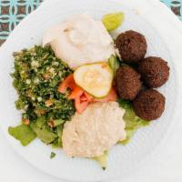 Galilea · Hummus, baba ghanoush, tabouli, falafel over romaine lettuce.