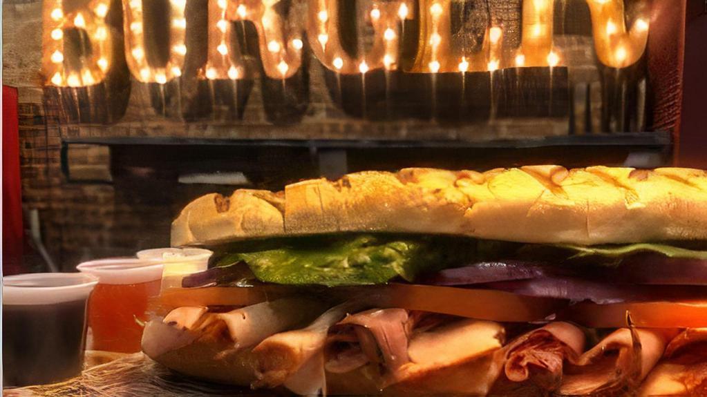 Grilled Pastrami Sandwich · Grilled Pastrami Sandwich Served on a baguette. Served with choice of  lettuce, tomato, onion, pickles, and your choice of sauce.