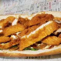 Crispy Chicken · Served on a baguette. Served with lettuce, tomato, onions, pickles, and your choice of sauce.