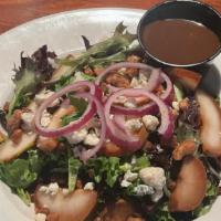 Pear & Bleu Salad · Mixed greens, crumbly bleu, red onions, candied walnuts & sliced pears with Balsamic