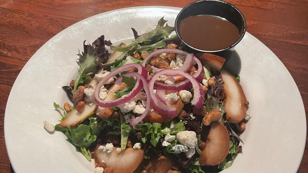 Pear & Bleu Salad · Mixed greens, crumbly bleu, red onions, candied walnuts & sliced pears with Balsamic