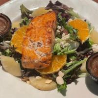 Salmon Salad · Mixed greens, feta, broiled salmon, oranges, pineapple, sliced almonds & dried cranberries w...
