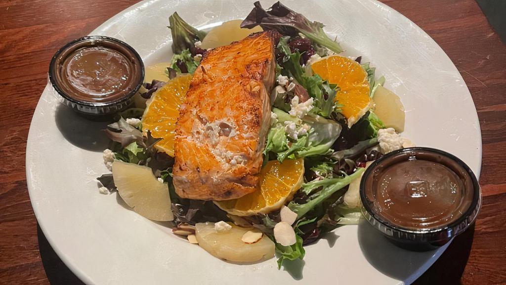 Salmon Salad · Mixed greens, feta, broiled salmon, oranges, pineapple, sliced almonds & dried cranberries with Balsamic