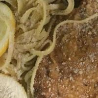 Chicken Artichoke French · Panko breaded chicken cutlets & artichokes & spinach over linguine in a sunny lemon sherry s...