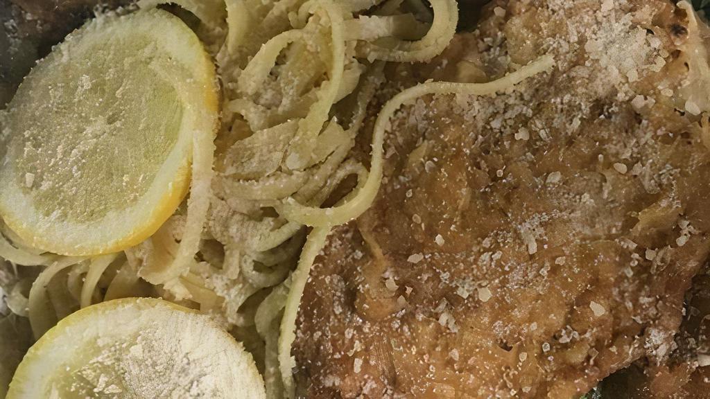 Chicken & Artichoke French (Serves 4) · Serves 4: Panko breaded artichokes & chicken cutlets, spinach served over linguine in a sunny lemon sherry sauce. Comes with a salad and bread.
